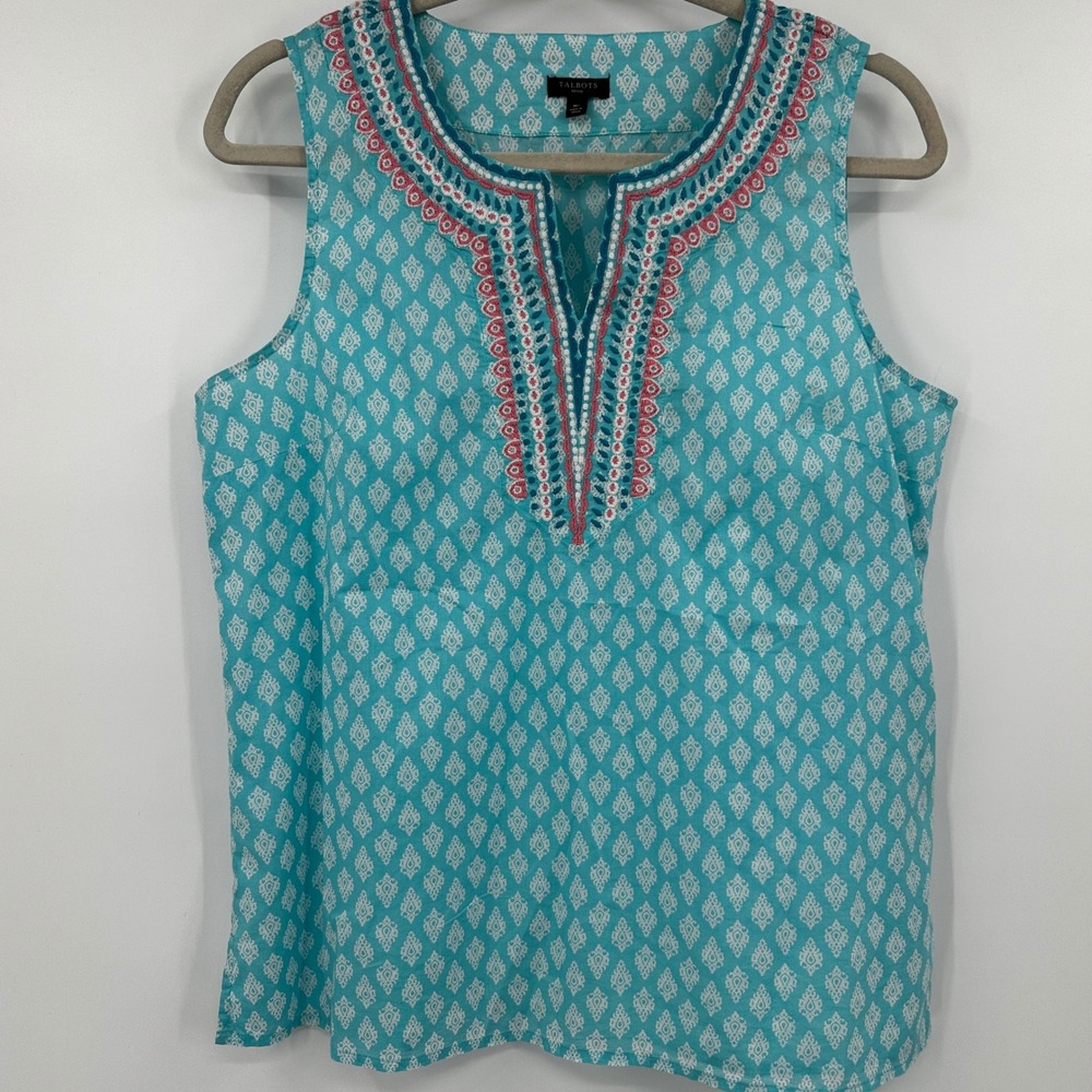 Talbots Petite Medium Turquoise Cotton Embroidered Split Neck Sleeveless Top